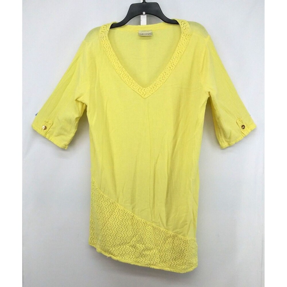 Cottonways Shirt Womens Size 2 Yellow 3/4 Sleeve Embroidered Accented Tunic Top